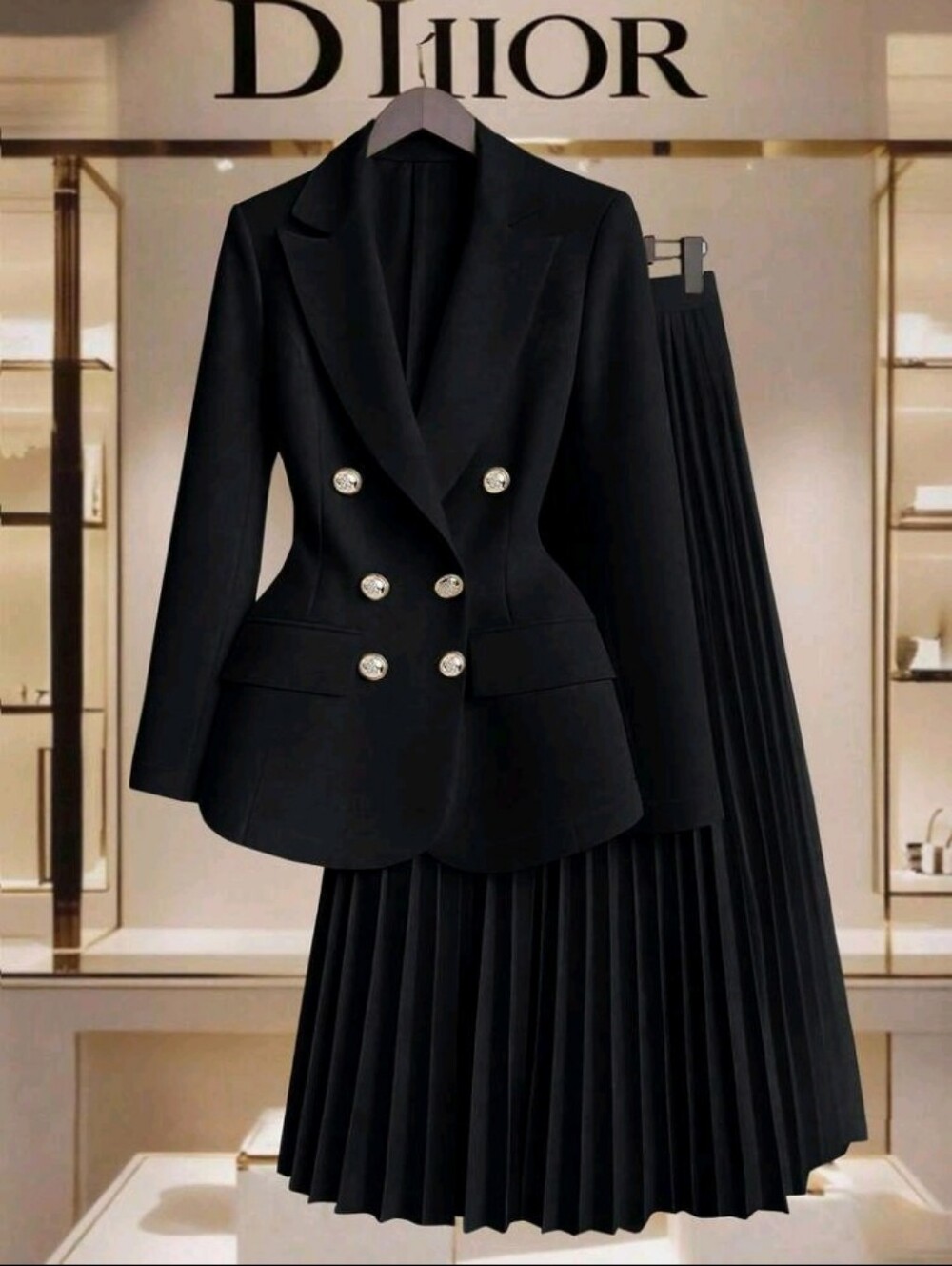 Women's Gold Button Decor Blazer + Pleated Skirt Elegant Casual Commuter
